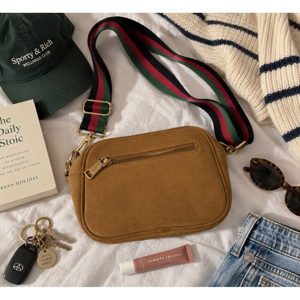 Pom Pom London Suede Crossbody Bag Size OS Tan Red Green Webbed Strap Camera Bag